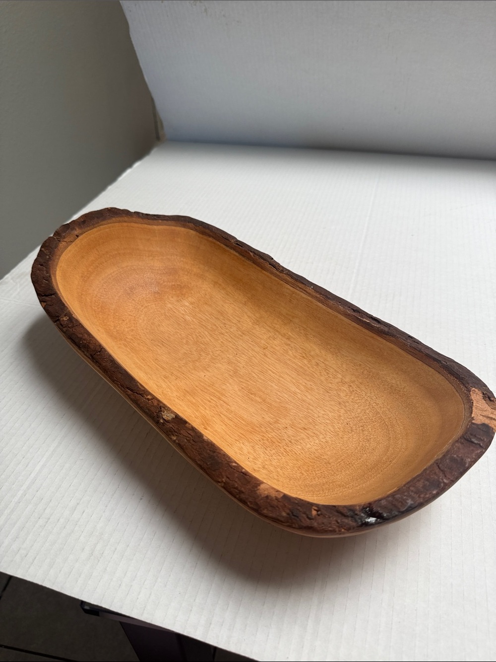 Handmade Wooden Dough Bowl with Natural Bark Edge - Warm Honey Brown    15” x 8”